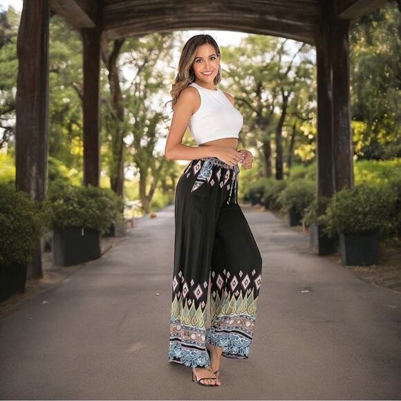 NEW Boho We Love Wide Leg Elastic High Waist Black Diamond Palazzo Pant Sz M NWT - Picture 5 of 7